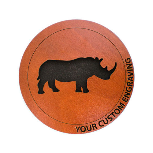 Round wooden coaster with engraved rhino – durable product from trusted manufacturer for wholesalers and corporate branding