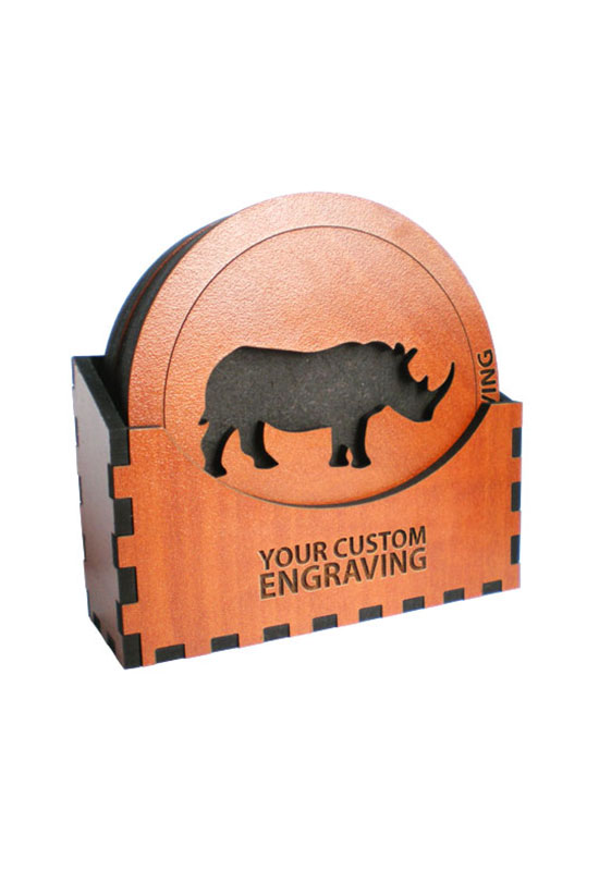 Custom engraved rhino coaster set in holder – handcrafted wooden product by local wholesalers and product manufacturers