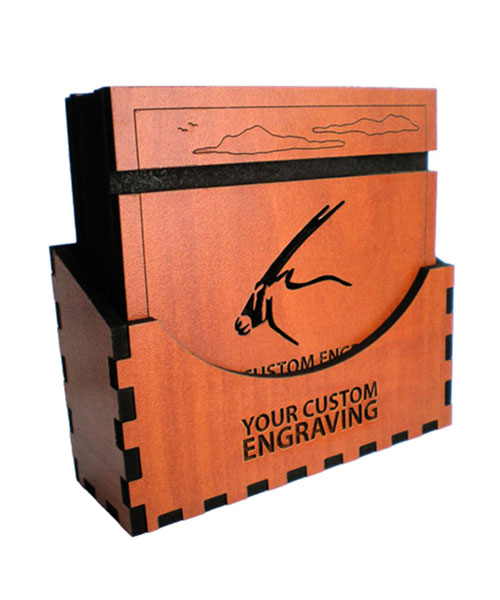 Engraved wooden gemsbok coaster set with holder – crafted by local product manufacturer for wholesale gifting and decor
