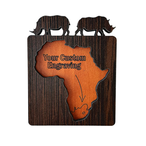Africa-shaped wooden fridge magnet with rhino silhouettes – personalised product made for wholesalers and tourism branding