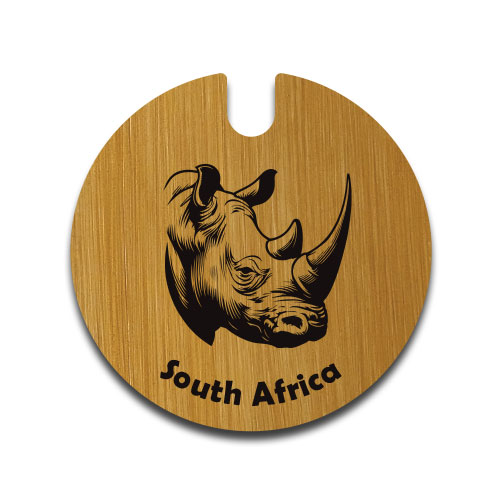 Wooden license disc holder with rhino engraving – unique promotional item crafted by local product manufacturer for wholesale orders